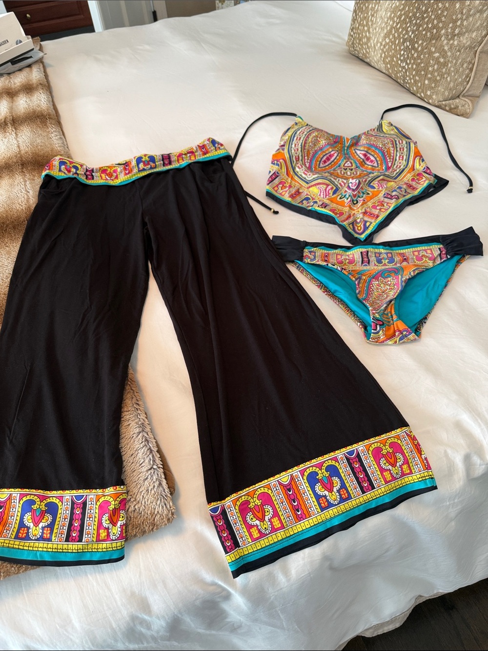 Trina Turk Black Bikini with Turquoise and Multicolor Paisley Print Pants Inc